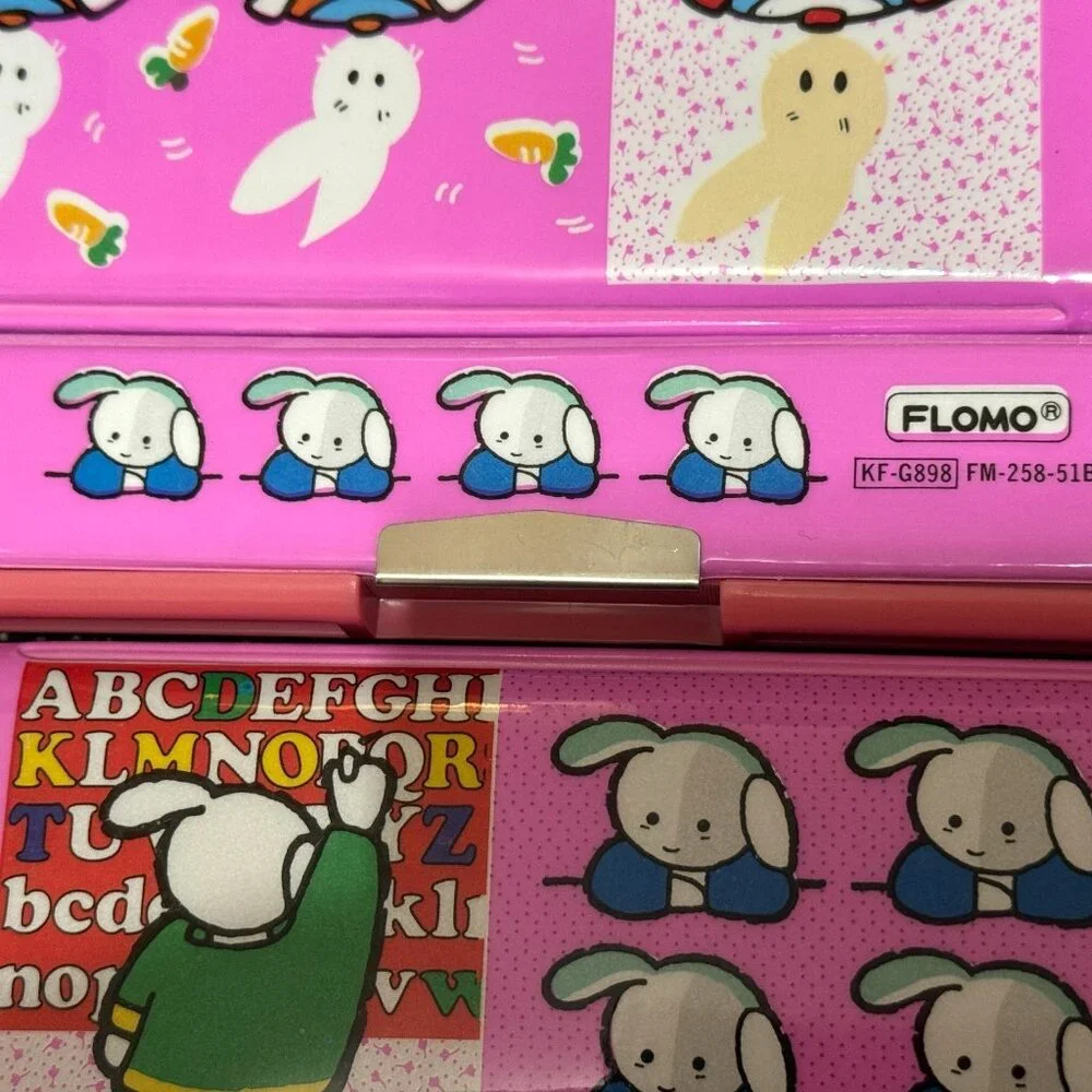 Flomo® Pencil Case, Double-Sided Multi-Compartment, Pink Bunny, Vintage 1980s